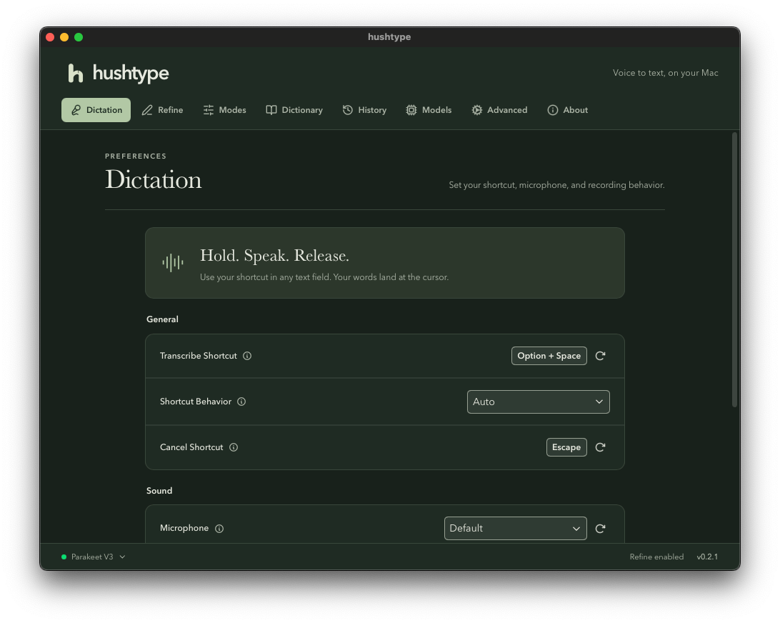 hushtype's Dictation settings in dark mode, with the Option-Space shortcut.
