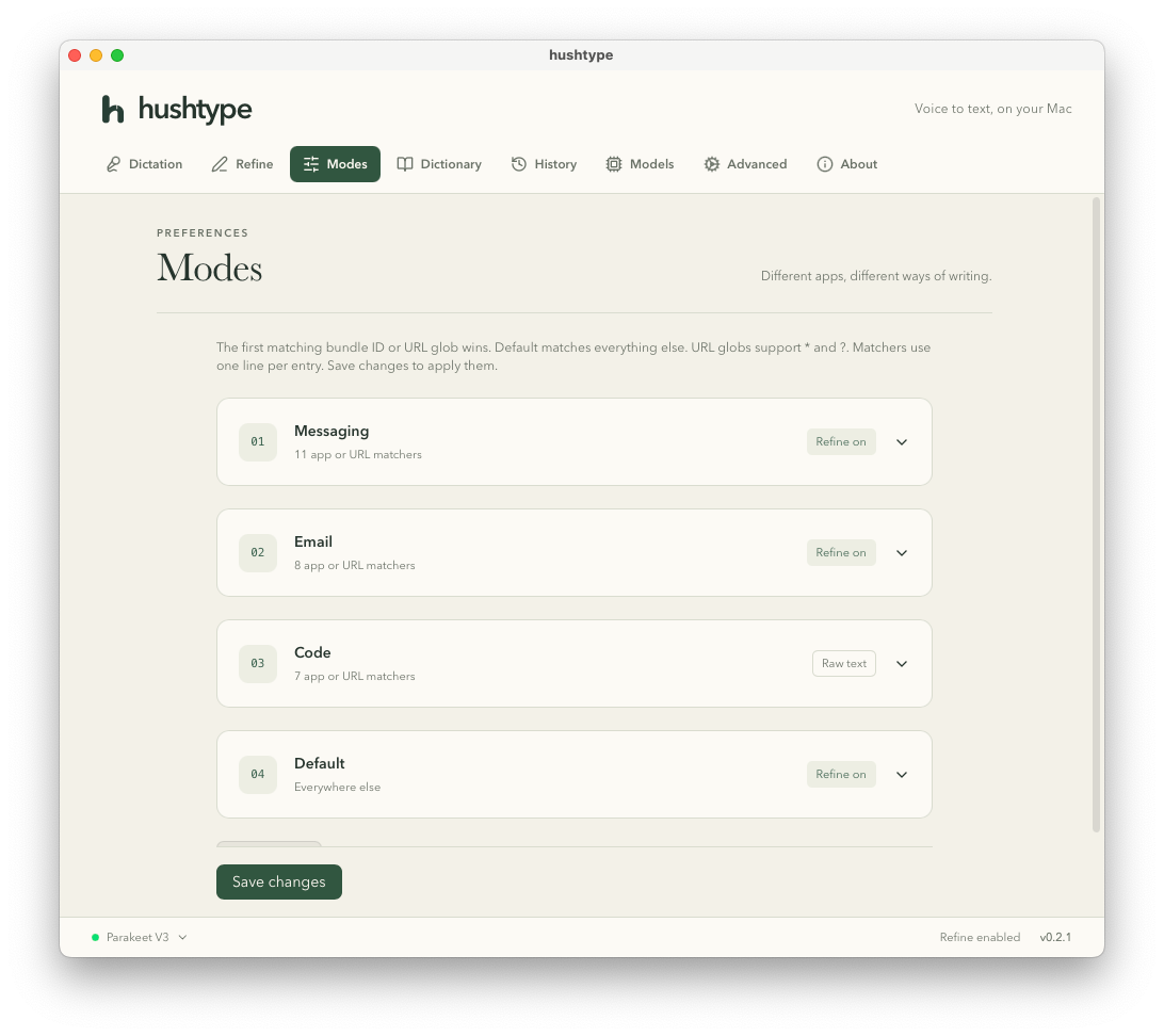 hushtype's Modes settings in light mode, listing Messaging, Email, Code, and Default.